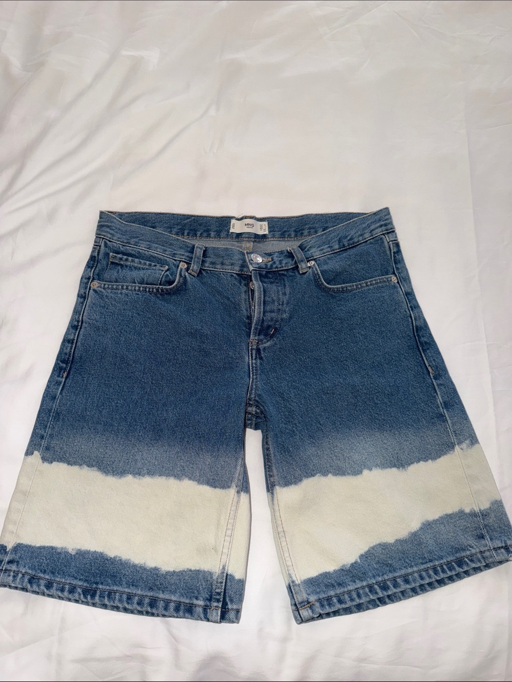 1108107 NWOT Mango Tie-Dye Bleach Long Bermuda Denim Jorts USA 6 100% Cotton